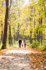 Fototapeta premium Lovely family walking in the autumn forest. Healthy lifestyle