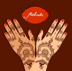 Element yoga mudra hands with mehendi patterns. Vector illustration for a yoga studio, tattoo, spas, postcards, souvenirs. Indian traditional lifestyle.