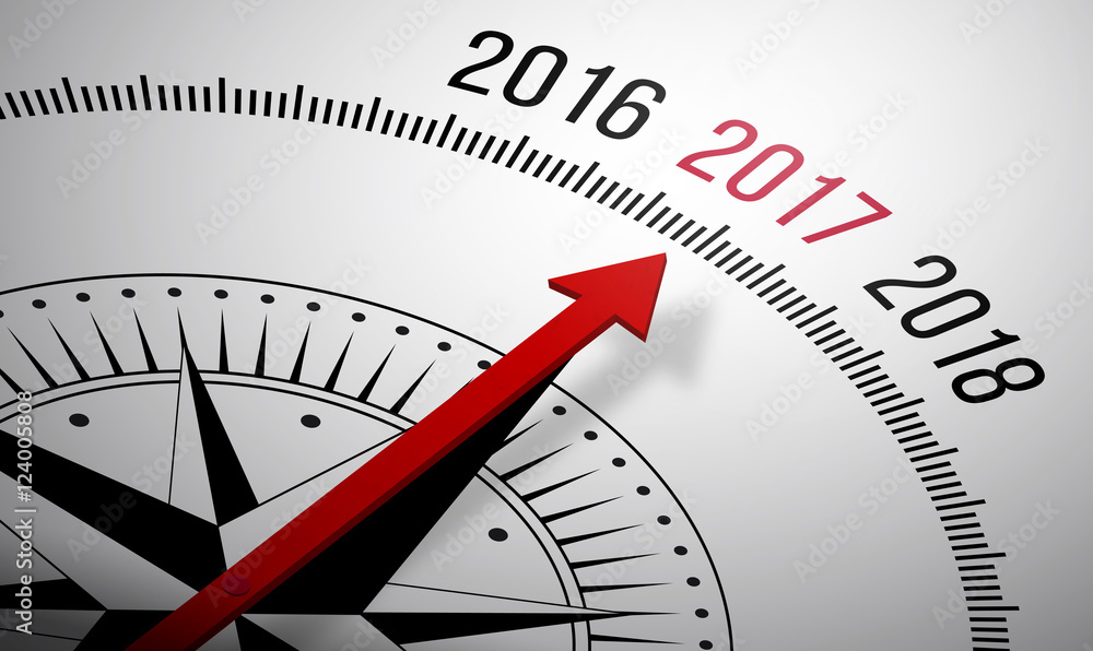 Poster 3d rendering of a compass with a 2017 icon.