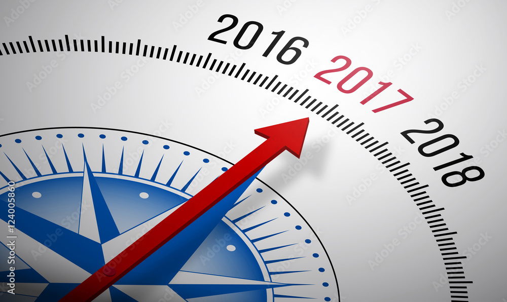 Poster 3d rendering of a compass with a 2017 icon.