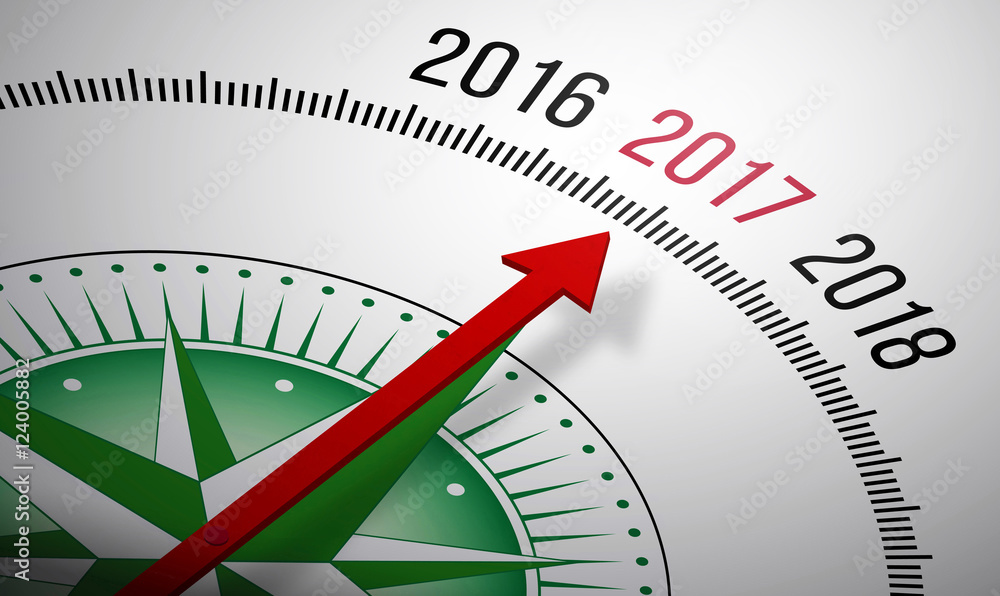 Poster 3d rendering of a compass with a 2017 icon.