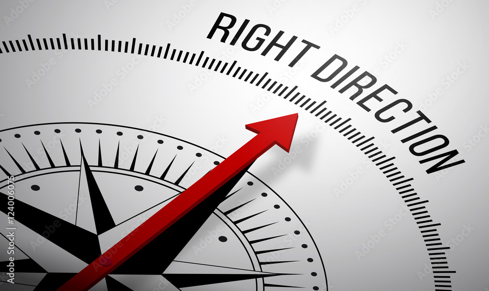 Poster 3d rendering of a compass with a right direction icon.
