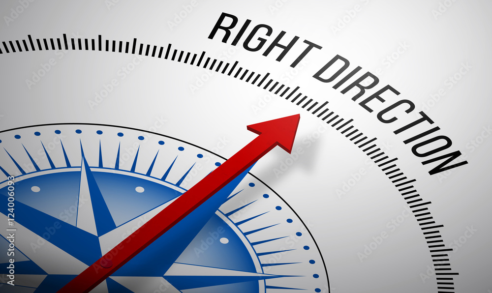 Poster 3d rendering of a compass with a right direction icon.
