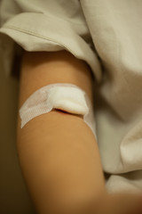 cotton  closed on little boy arm after blood samples for examina