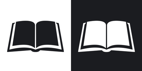 Vector icon of an open book. Two-tone version on black and white background