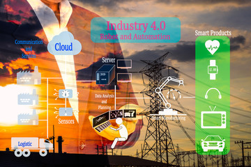 Industry 4.0 and Smart manufacturing concept. Industrial 4.0 process diagram on double exposure of business man and industrial infrastructure background.