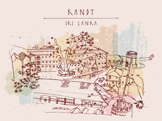 Bogamara prison in Kandy, Sri Lanka, Asia. Upper view. Hand drawn vintage touristic postcard or poster in vector