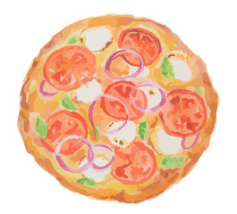 Isolated watercolor pizza on white background. Tasty italian snack or street food. Italian cuisine.