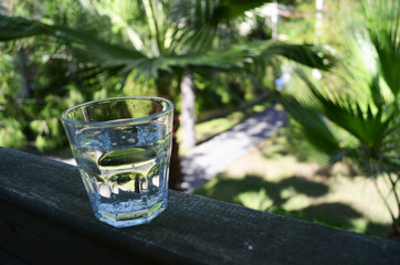 Ice cold water cup on the exotic background