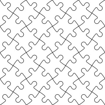 Jigsaw puzzle seamless background. Mosaic of white puzzle pieces with black outline in diagonal arrangement. Simple flat vector illustration.