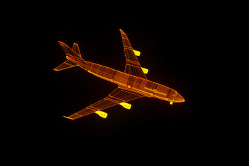 Fototapeta na wymiar Airplane in Hologram Wireframe Style. Nice 3D Rendering 