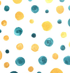 Hand painted polka dot pattern. Abstract colorful watercolor background shapes in green and gold.