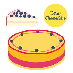 Whole and slice of berry cheesecake illustration in flat style. 