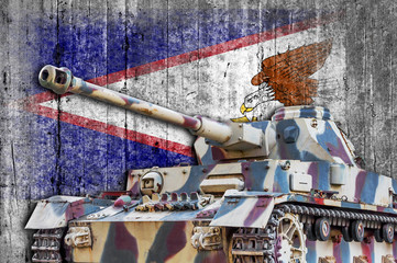 Military tank with concrete American Samoa flag