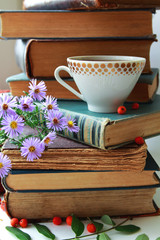 stack of old books and cup of tea with autumn flowers and rowan