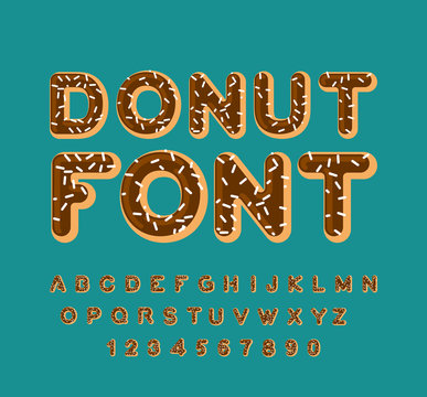Donut font. pie alphabet. Baked in oil letters. Chocolate icing