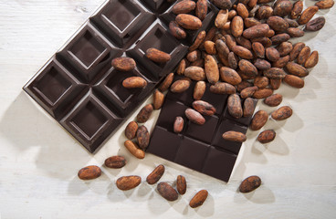 Dark chocolate pieces with close cocoa beans