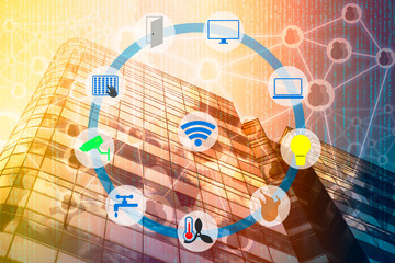Smart Building and Internet of Things concept. Smart building management icons on Double exposure of office building and abstracy digital connection background.