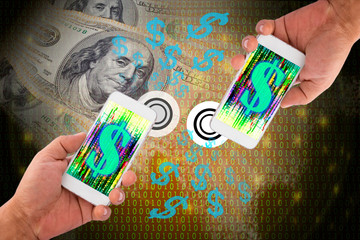Fintech concept image. Two smartphones with dollar sign on screen against double exposured of...