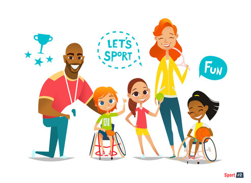 Sports family. Handicapped Kids in wheelchairs playing ball and have fun with their friend. Coaching  young sportsmen's. Medical rehabilitation. Vector Illustration.