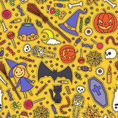 Sketchy colorful fun vector hand drawn doodle cartoon pattern on the Halloween theme. Halloween doodle patch badges, stickers.