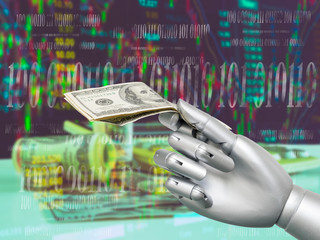ROBO Advisor concept. Robot hand holding US. dollar banknotes  on abstract investment management...