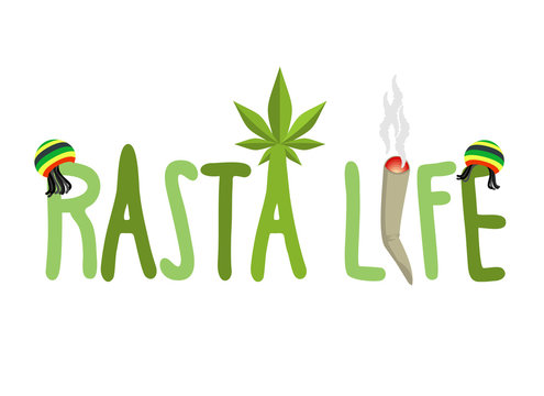 Rasta life typography. Hemp Rastafarian cap and dreadlocks. Rast