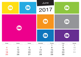 Vector calendar June, 2017 with image frames, A3 size - Change the image frames with your photos.