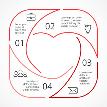 Vector heart circle linear infographic. Template for love cycle diagram, graph, presentation, round chart. Business concept with 4 options, parts, steps, processes. Happy Valentines Day.