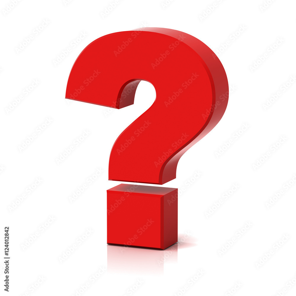 Poster red question mark isolated over white background with reflection and shadow 3d rendering
