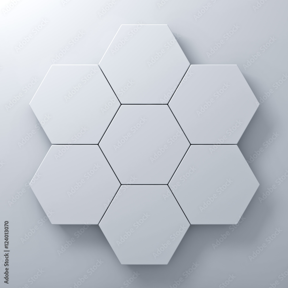 Aufkleber Blank hexagon signboards on white wall background abstract concept with shadow 3D rendering