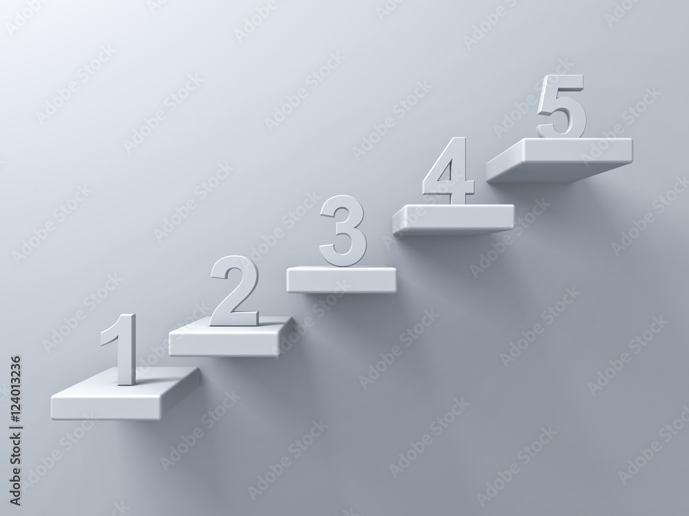 Leinwandbilder abstract stairs or steps concept on white wall background with number one to five 3d rendering