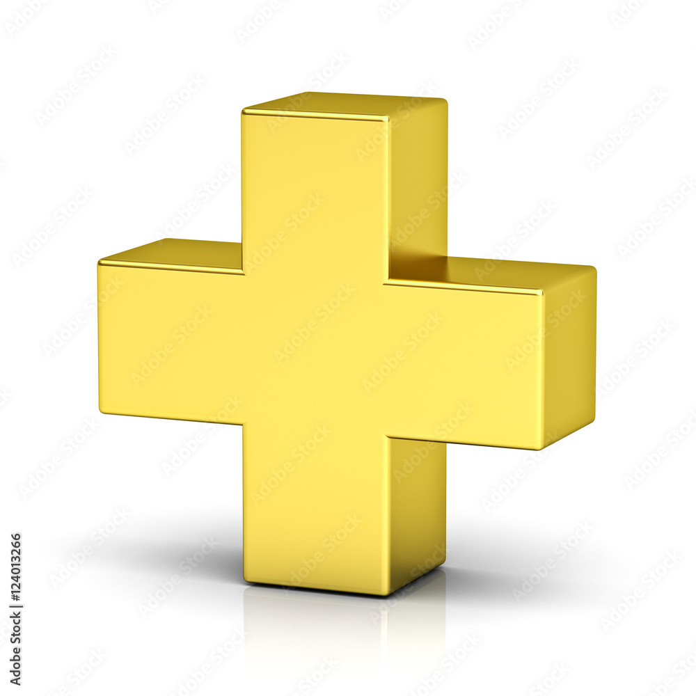 Poster Gold plus sign isolated on white background with reflection 3D rendering
