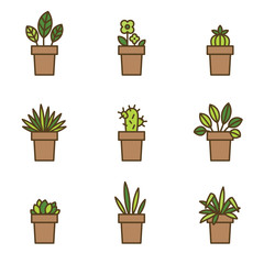 House plants in flowerpots. Set of flat line icons. Vector Illustration