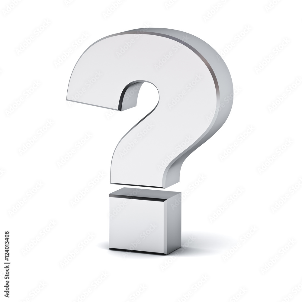 Poster metal question mark isolated over white background with reflection and shadow 3d rendering