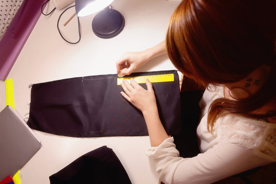 Sewing Chalk marking on Black fabric and measuring tape
