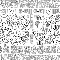 Seamless background with mayan patterns and symbols on white