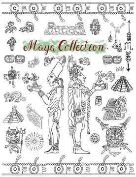 Set with Mayan mystic symbols, icons and indian people