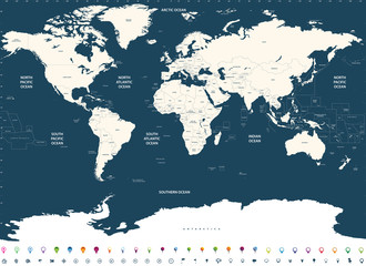 World map with countries and oceans names and location\navigation icons. All layers detached and labeled. Vector high detailed illustrations