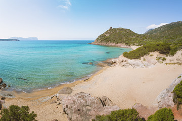 Ruins of Ancient Watchtower (Nuraghe) on the Hill over the Porto Ferro Beach near Alghero, Province of Sassari, Sardinia, Italy