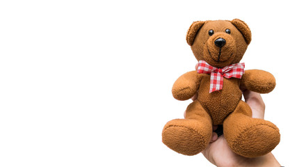 Hand holding teddy bear on white background, Clipping-path