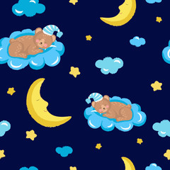 Modèle sans couture avec mignon ours en peluche endormi, nuages, étoiles et lune.