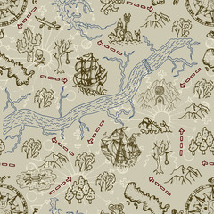Sewing fabric with Seamless background with treasure hunt map, ship and ...