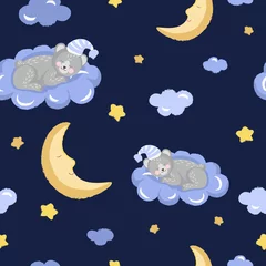 Gordijnen Naadloze patroon met schattige slapende teddybeer, wolken, sterren en maan. © dinarachernaya