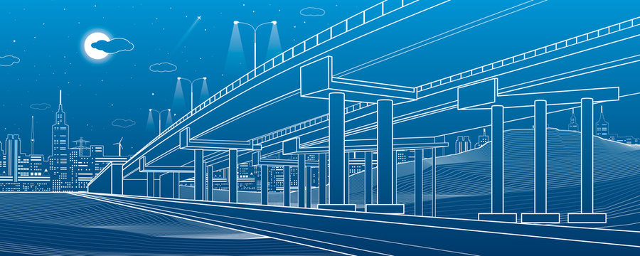 Automotive overpass, architectural and infrastructure illustration, transport flyover, highway, white lines urban scene, night city on background, vector design art