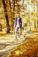 Fototapeta premium Young man walking a dog at the park in good weather. Boy and golden retriever. Autumn environment