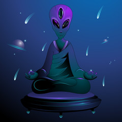 illustration of a meditating extraterrestrial on a flying saucer