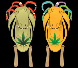 crazy voodoo doll, rabbits with dreadlocks and leaves of marijuana on black background, vector