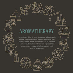 Aromatherapy and essential oils brochure template. Vector line illustration of aromatherapy diffuser, oil burner, spa candles, incense sticks, herbal bag massage. Aromatherapy poster, spa salon