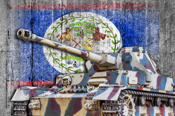 Military tank with concrete Belize flag